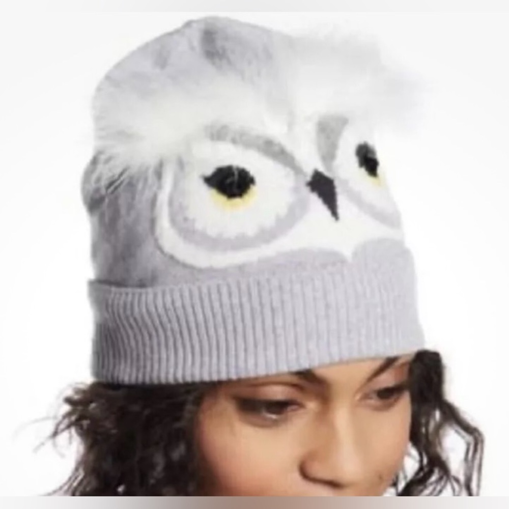kate spade Gray Owl Pom Beanie Hat with White Fur Trim